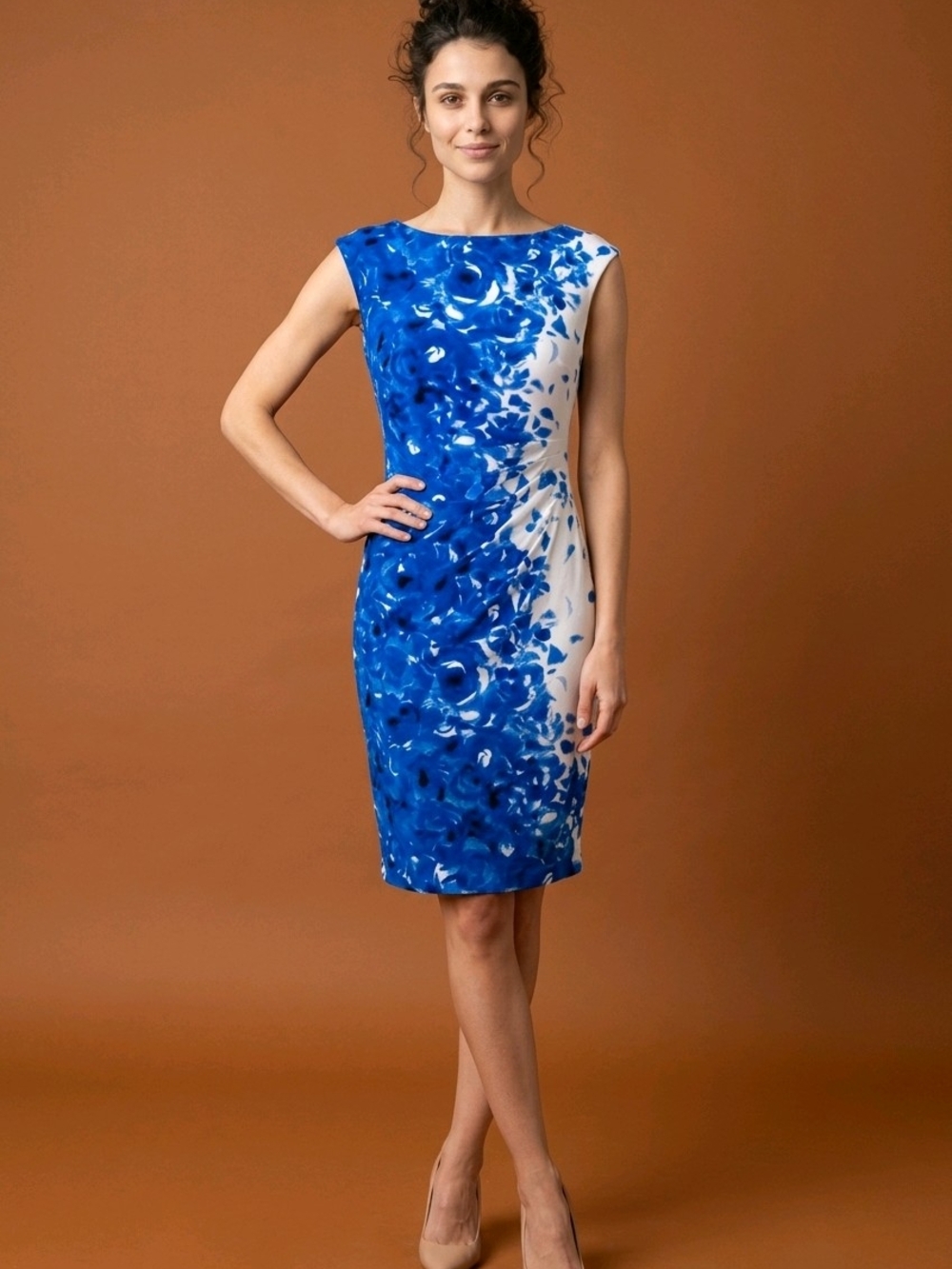 Lauren Ralph Lauren Blue and White Floral-Print Midi Sheath Dress